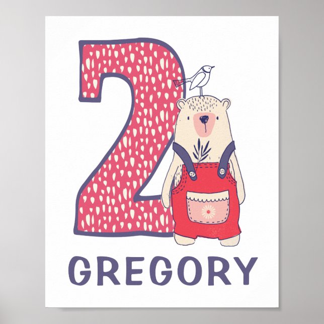 Cute bear second birthday with name  poster (Frente)