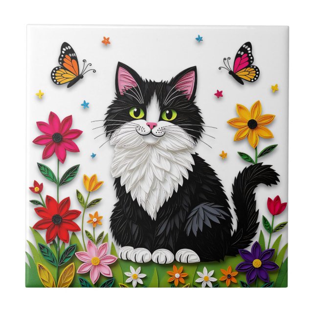Cute Black and White Cat, Flowers and Butterflies (Frente)