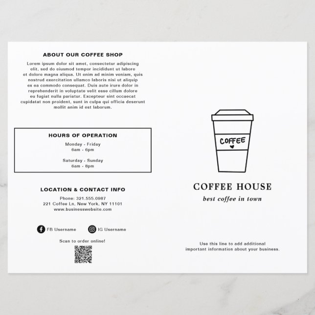 Cute Black and White Coffee Cup Coffee Shop Menu (Frente)