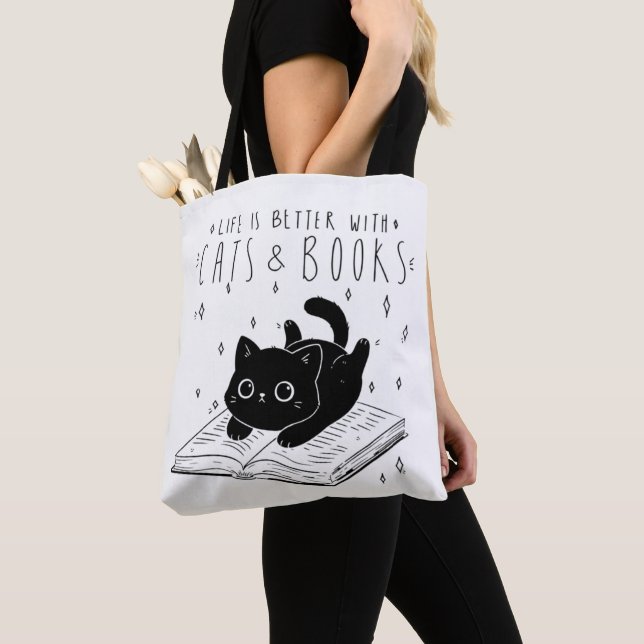 Cute Black Cat Book Lover Tote Bag (Close Up)