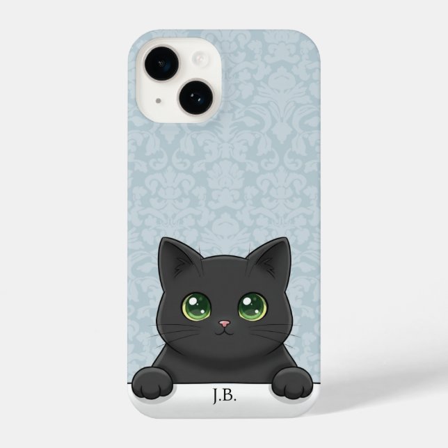 Cute Black Cat Peeking Kawaii Cartoon Blue Damask (Verso)