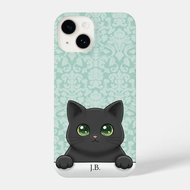 Cute Black Cat Peeking Kawaii Cartoon Mint Damask (Verso)