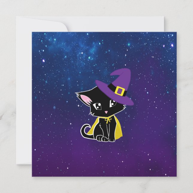 Cute Black Cat Wizard Under the Stars Keychain (Frente)