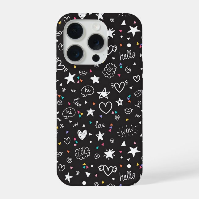 Cute Black Doodle Pattern Phone Case with Hearts  (Verso)