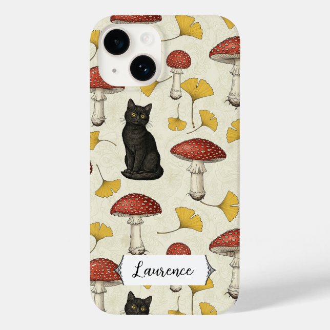 Cute Black Kitten with Mushrooms Personalized name (Verso)