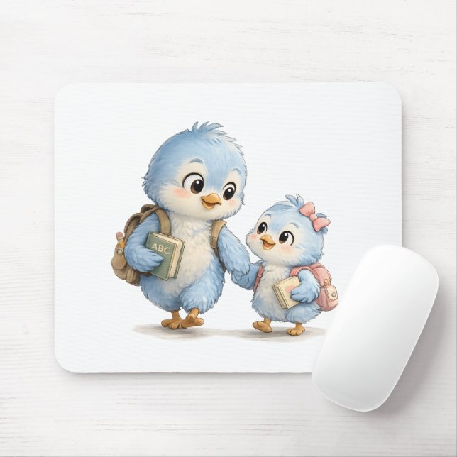 Cute Blue Bird Family Desk Mouse Pad (Com mouse)