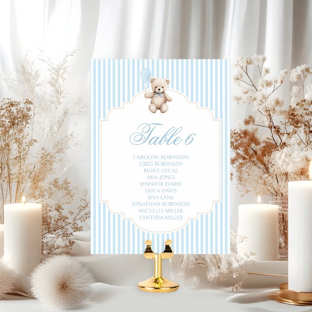 Cute Blue Teddy Bear Balloon Baby Boy Table Number (Criador carregado)
