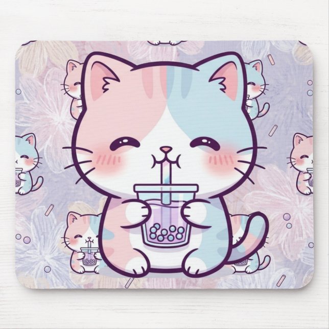 Cute Boba Tea Kitten Mousepad - Aesthetic Pastel  (Frente)