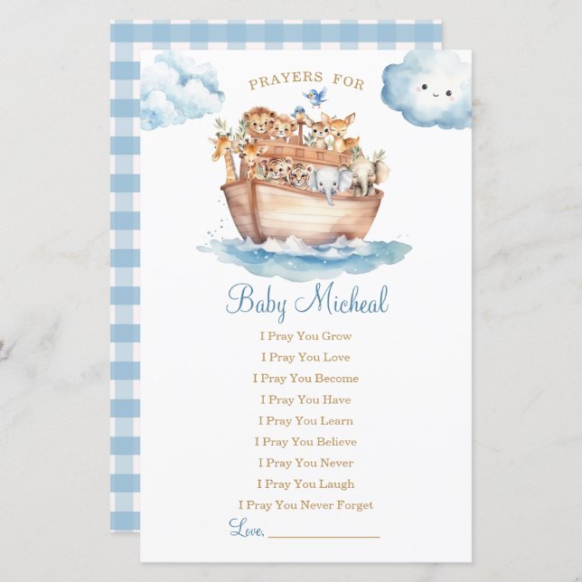 Cute Boy Noah's Ark Chá de fraldas Prayers for Bab (Frente/Verso)