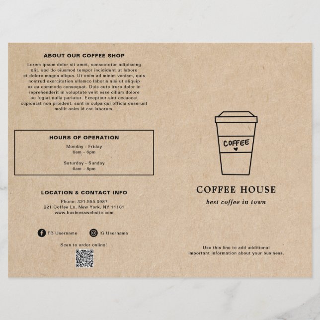 Cute Brown Coffee Cup Coffee Shop Menu (Frente)