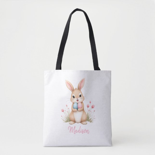 Cute bunny, custom name Easter egg hunt tote bag. (Frente)