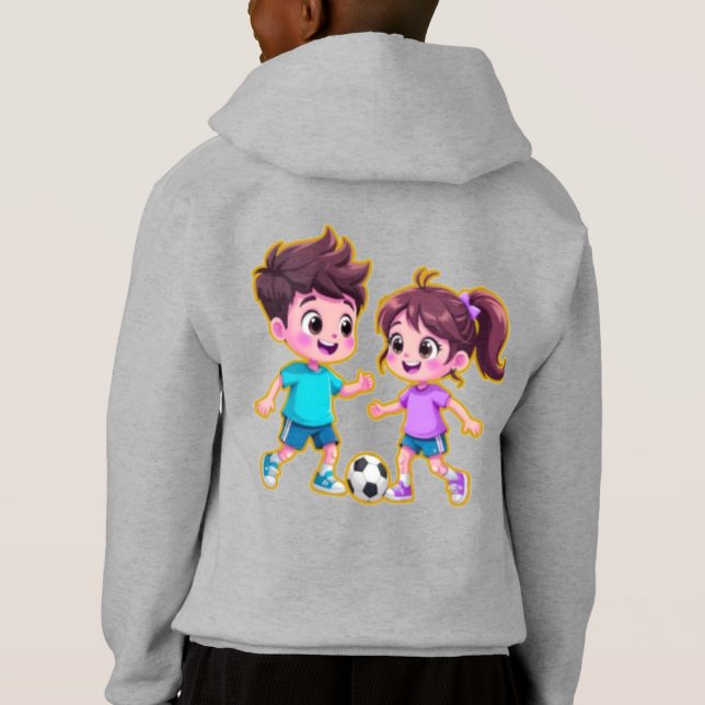 Cute Cartoon Boy and Girl Playing Soccer Together  (Verso)