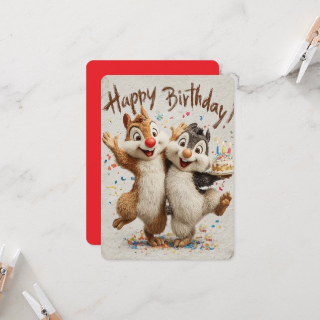 Cute Cartoon Chipmunks Happy Birthday Card  (Frente/Verso In Situ)