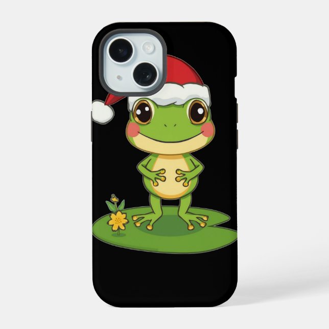 Cute Cartoon Frog Character Wearing a Santa Hat on (Verso)