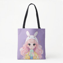 Cute Cartoon Girl White Bunny Hat Tote Bag