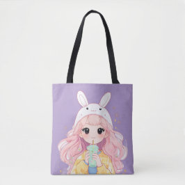 Cute Cartoon Girl White Bunny Hat Tote Bag