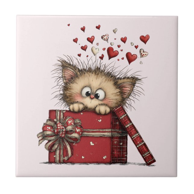 Cute Cartoon Kitten with Hearts (Frente)