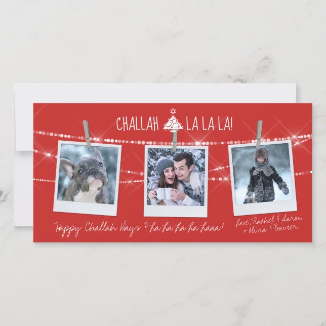 Cute Challah Days La La La 3-Photo Holiday Card (Frente)