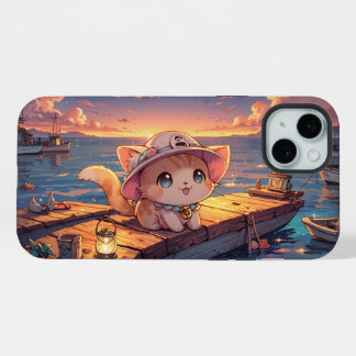 Cute Chibi Kitten at the Harbor Sunset – Whimsical