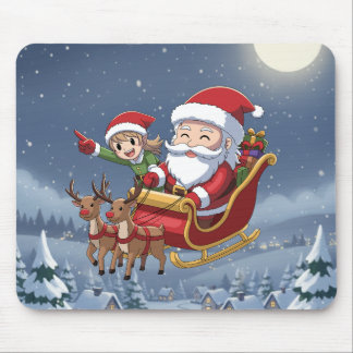 Cute Christmas Chibi Santa and Elf Mouse Pad