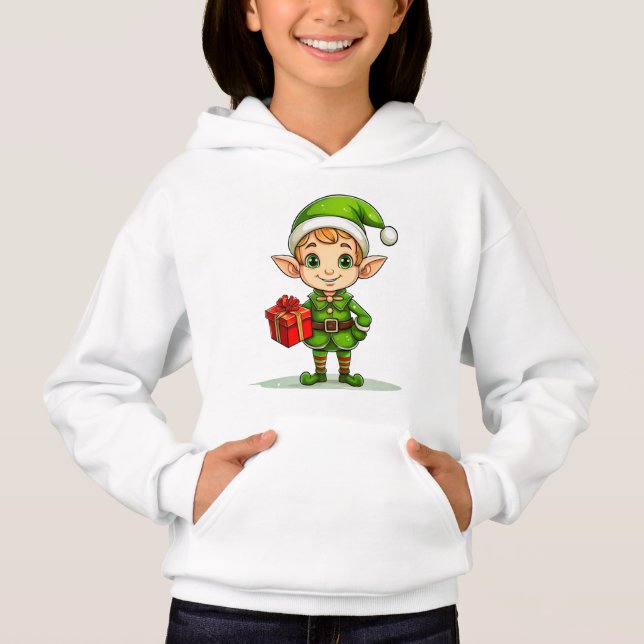 Cute Christmas Elf with Gift – Holiday Hoodie (Frente)
