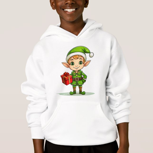 Cute Christmas Elf with Gift – Holiday Hoodie (Frente)