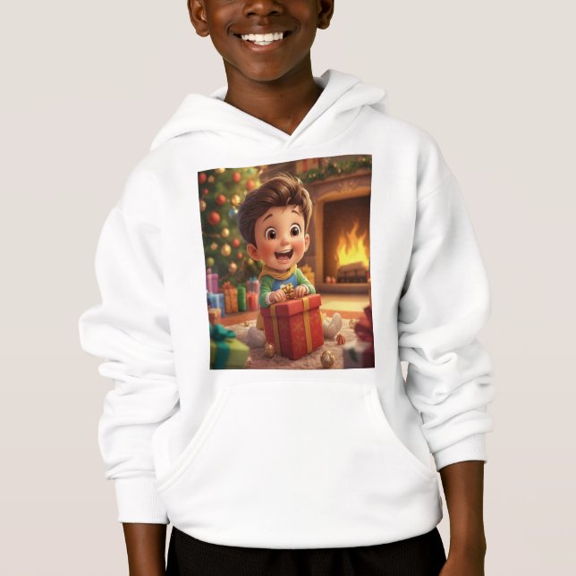 Cute Christmas Gift Opening Cartoon Kid Hoodie – H (Frente)