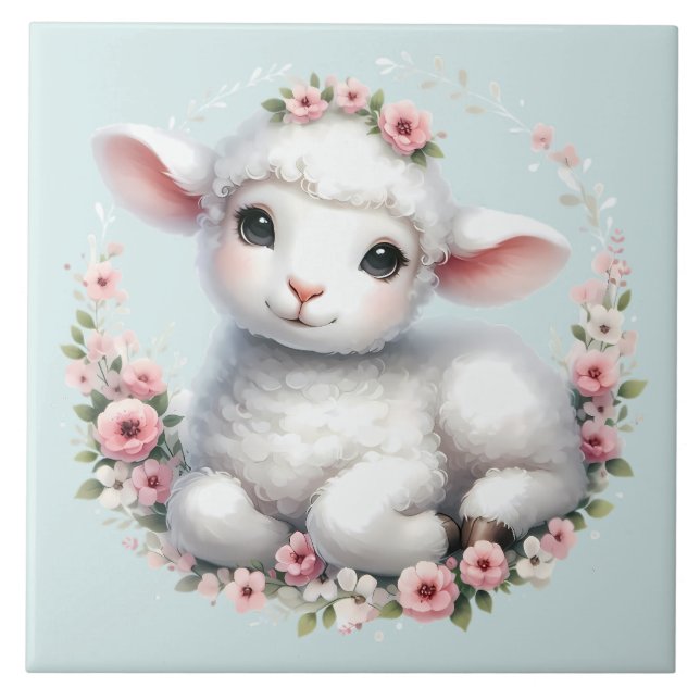 Cute Cordeiro com Ilustração de Coroa Floral (Frente)