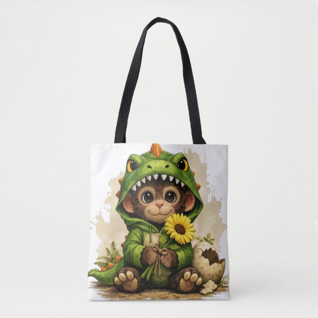 Cute Dino Monkey Tote Bag – Kawaii Animal Gift (Frente)