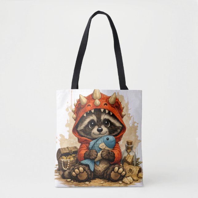 Cute Dino Raccoon Tote Bag – Kawaii Animal (Frente)