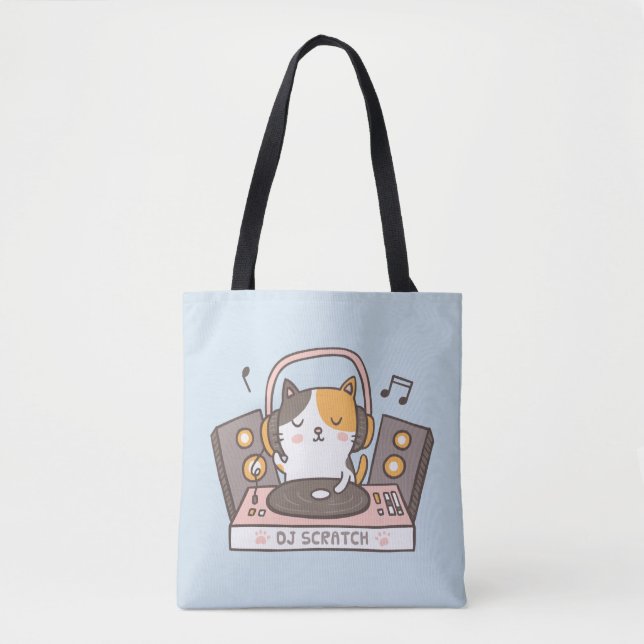 Cute DJ Scratch Kitty Cat Doodle Tote Bag (Frente)