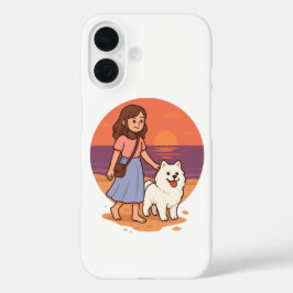 Cute Dog Mom Walking Fluffy Pup on Sunset Beach