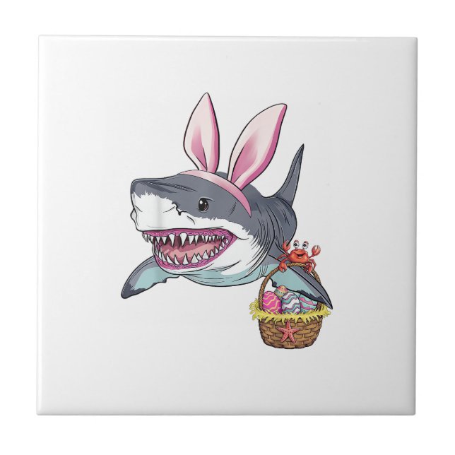 Cute Easter Shark Bunny Ears Basket Eggs Happy Eas (Frente)