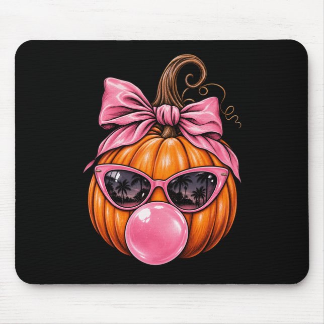 Cute Fall Pumpkin Bubblegum Mouse Pad | Laço Rosa  (Frente)