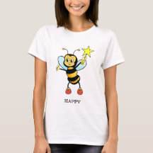 Cute Feliz Abelha com Estrela na Camiseta Azul Céu