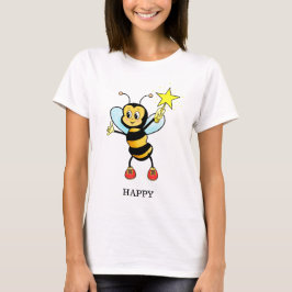 Cute Feliz Abelha com Estrela na Camiseta Azul Céu