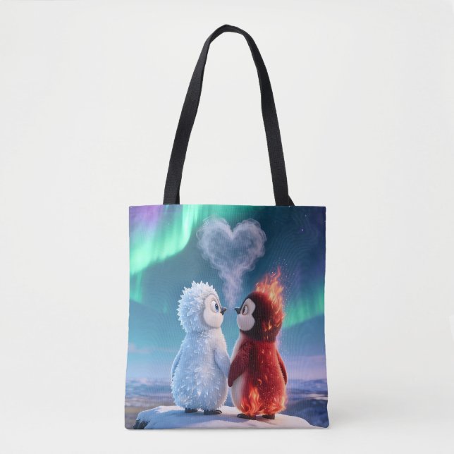 Cute Fire and Ice Penguin Northern Lights Tote Bag (Frente)