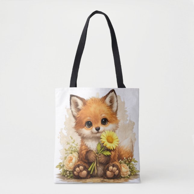 Cute Fox Tote Bag – Kawaii Animal Floral Gift (Frente)