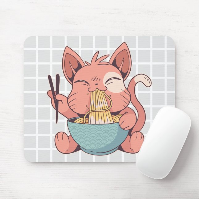 Cute Gato Comendo Ramen Grid Mouse Pad (Com mouse)