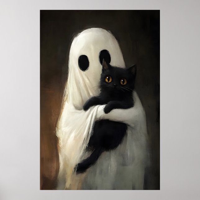 Cute Ghost Abraça Impressão de Gato Preto, Hallowe (Frente)
