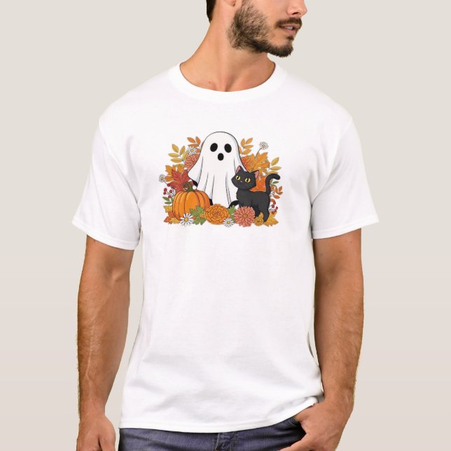Cute Ghost e Camiseta Clássica de Gato Preto (Frente)