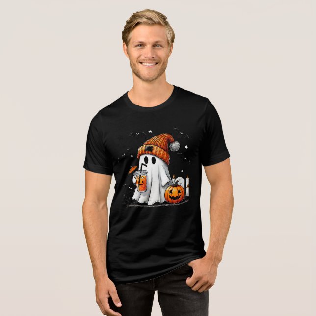 Cute Ghost with Drink and Pumpkin Art (Frente Completa)