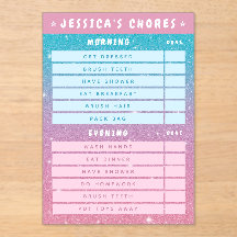 Cute Girly Pink Blue Glitter Kids Daily Chores 