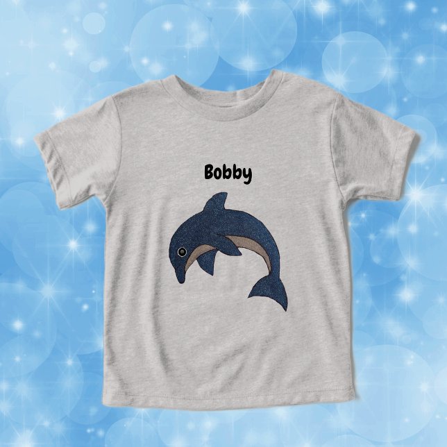 Cute Jumping Dark Blue White Dolphin (Cute cartoon blue white jumping dolphin on kid's tee shirt.)