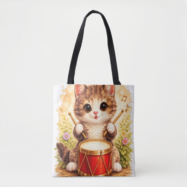 Cute Kitten Drum Tote Bag Kawaii Cat Music (Frente)