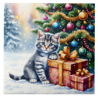 Cute Kitten Under Christmas Tree