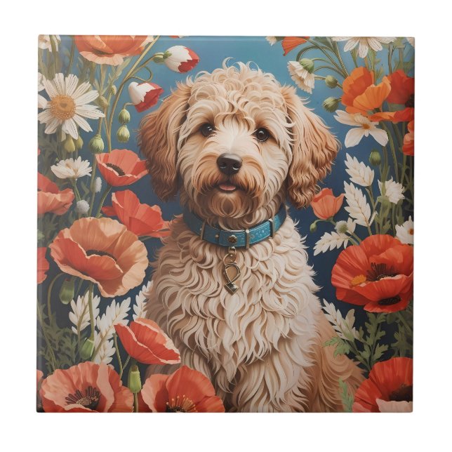 Cute Labradoodle Daisy E Poppy Flower (Frente)
