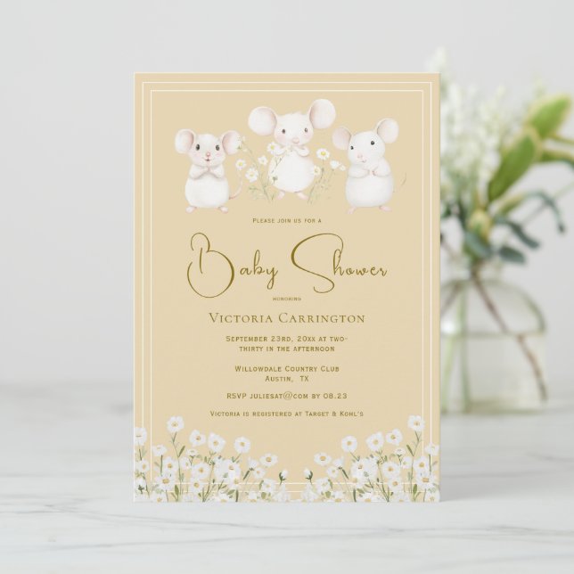 Cute Mice & Daisies Convite de Chá de Bebê Amarelo (Em pé/Frente)