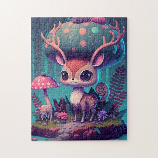 Cute Mushroom Deer Fantasy Art Quebra-cabeça (Vertical)