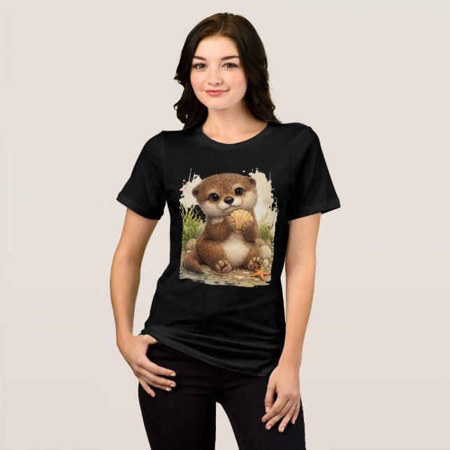 Cute Otter Seashell T-Shirt Kawaii Animal Gift (Frente Completa)